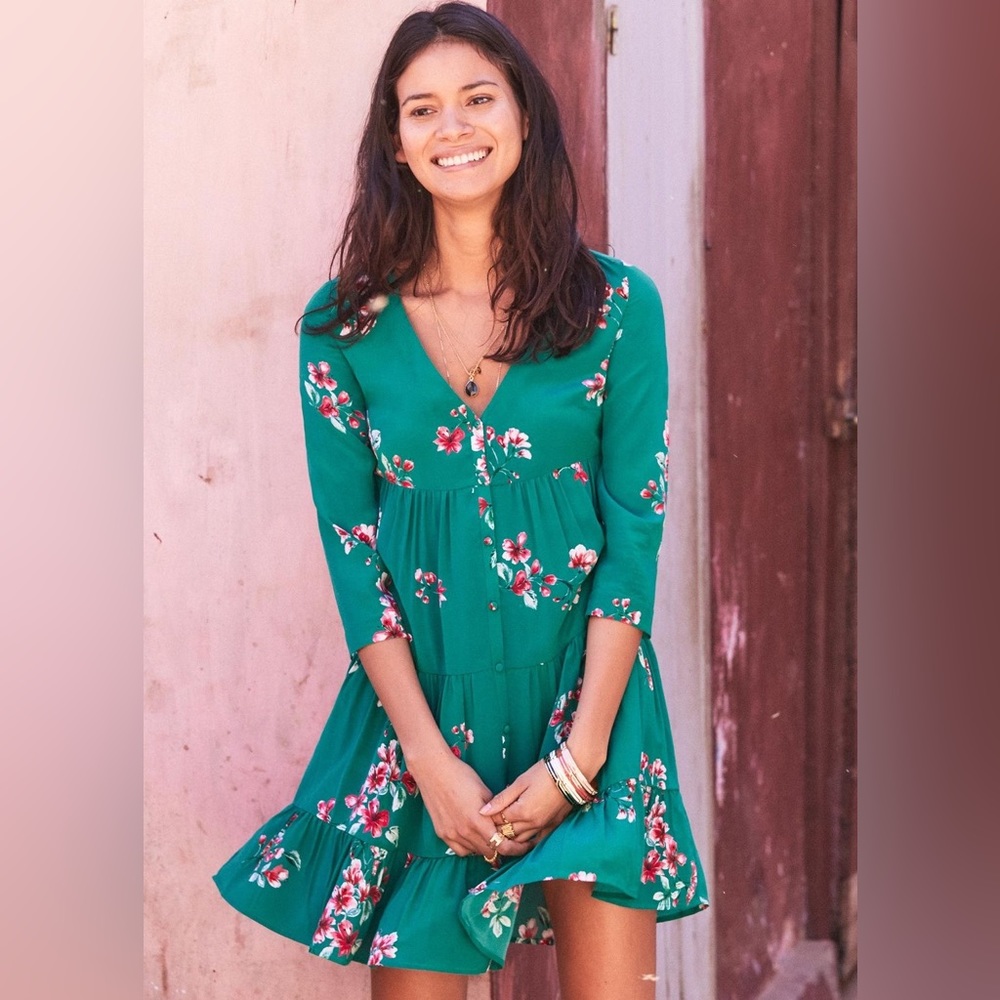 Sezane Aure Bouquet Vert Green Floral Mini Dress - Rare 100% Silk